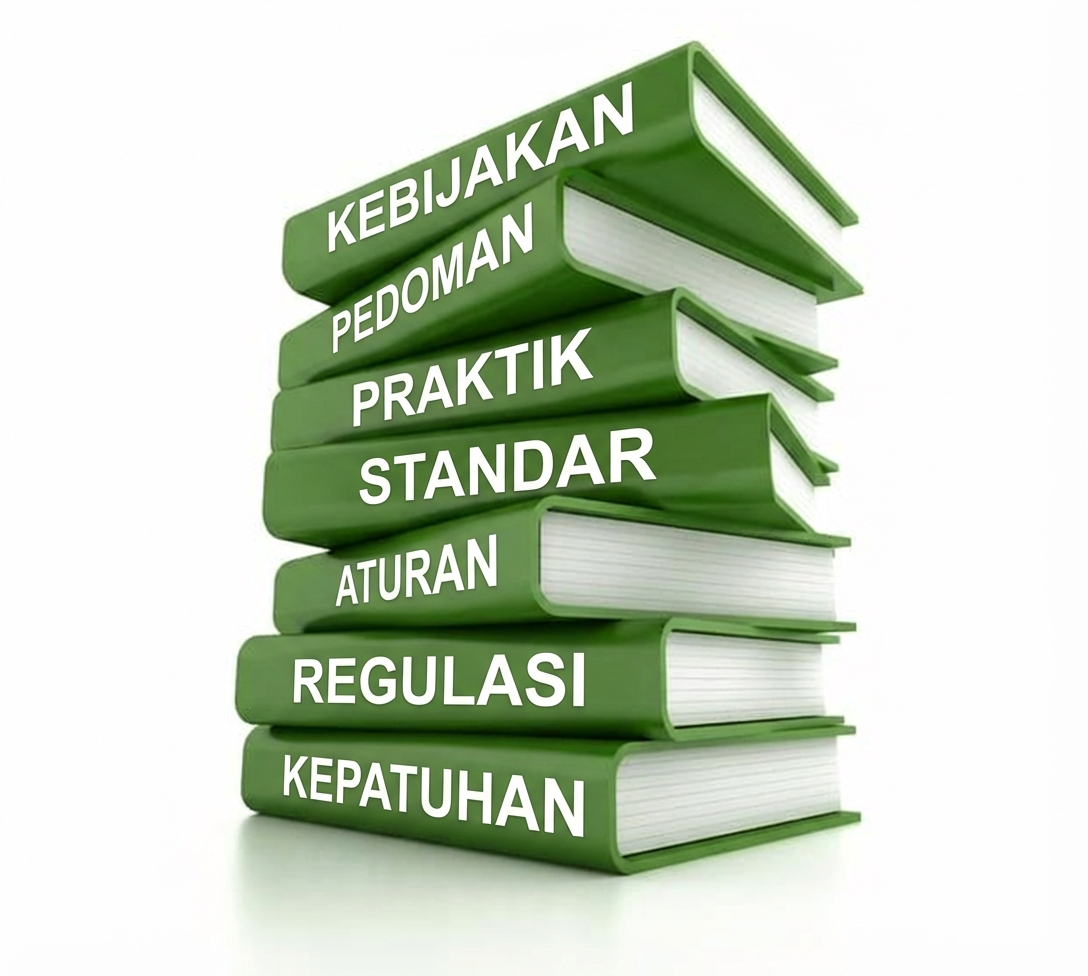 Tumpukan buku hijau termasuk yang bertuliskan policy dan standards