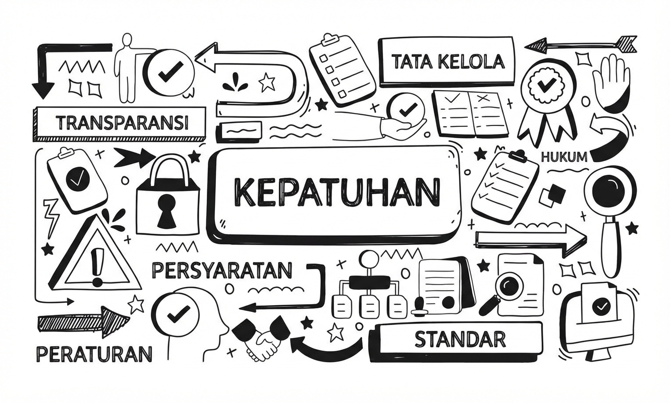 Gambar menampilkan kata compliance dikelilingi berbagai objek dan kata seperti governance, requirements, dan regulations