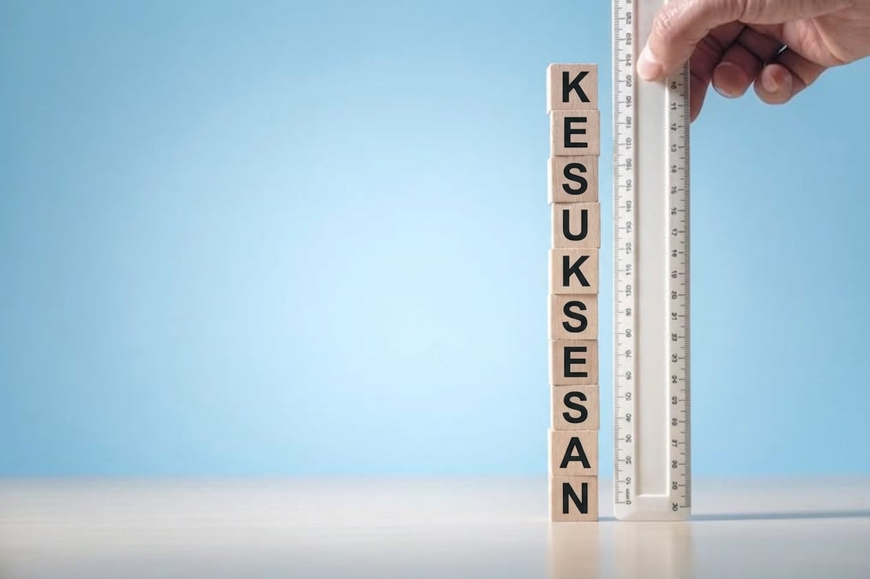 Penggaris dihadapkan ke balok bertuliskan success untuk menggambarkan pengukuran progres