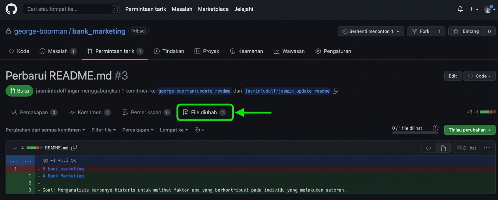 Tampilan pemilik pada tab Files changed di PR