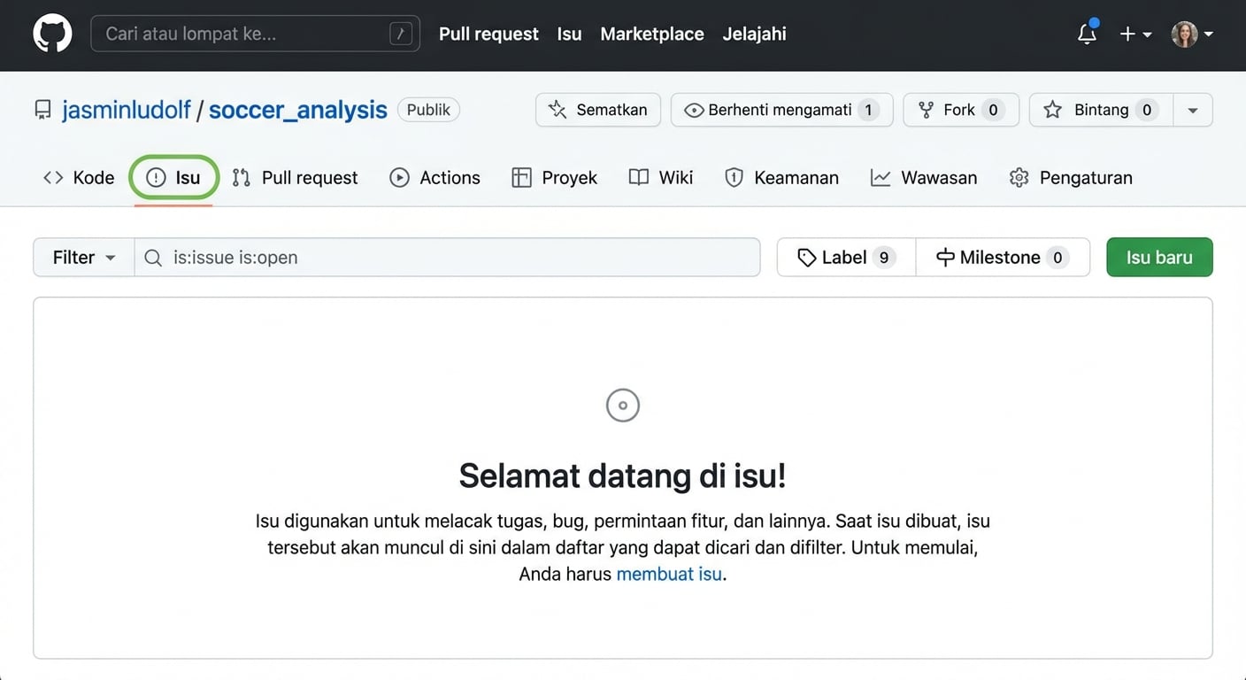 Tampilan repo analisis sepak bola dengan tab Issues disorot