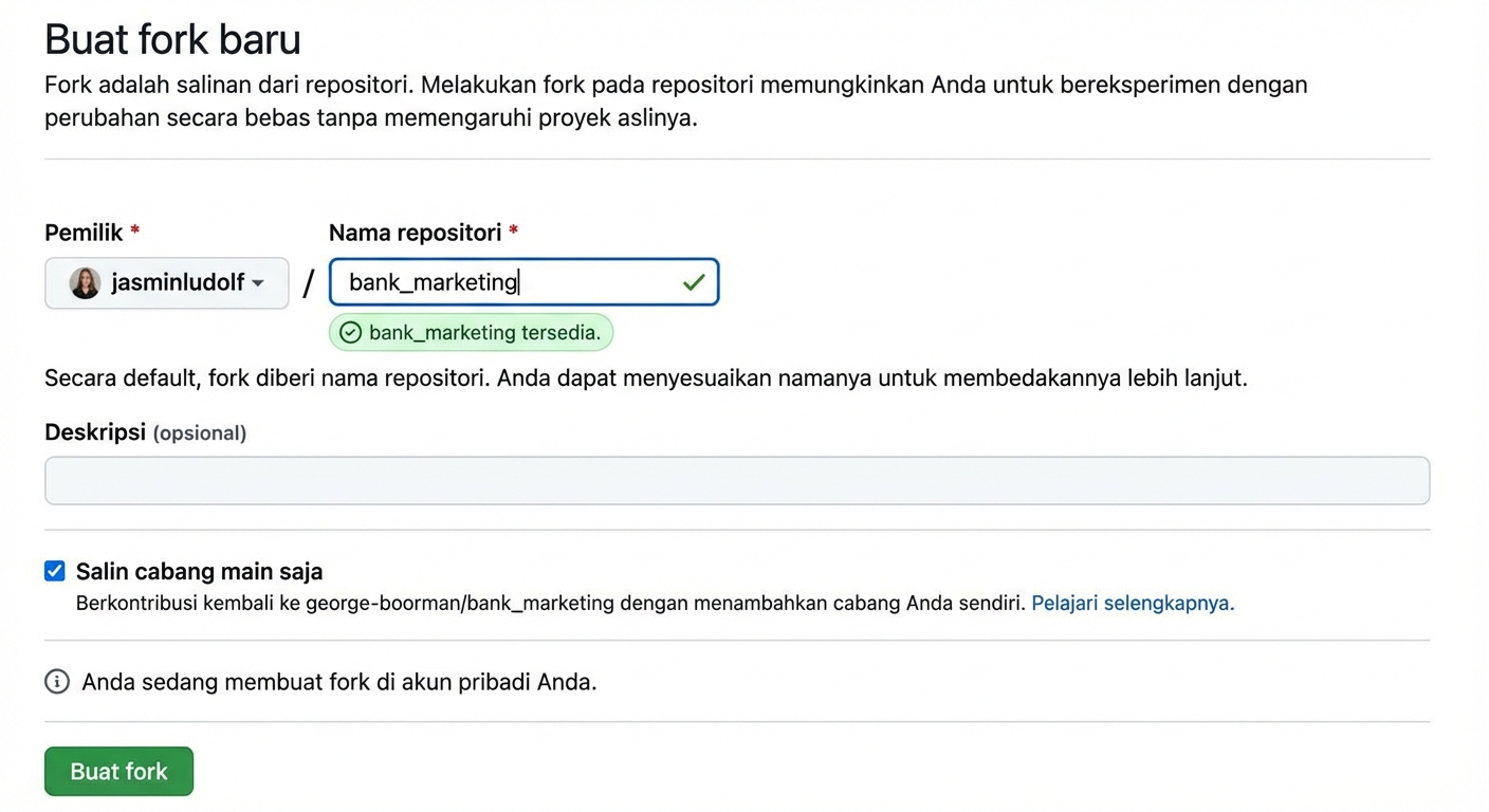 Gambar animasi yang menunjukkan nama repo hasil fork diubah dari bank marketing menjadi bank marketing jasmin.