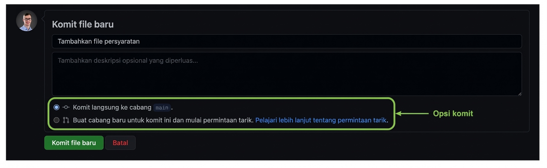 Opsi menyimpan file — commit ke branch saat ini atau buat branch baru dan mulai pull request