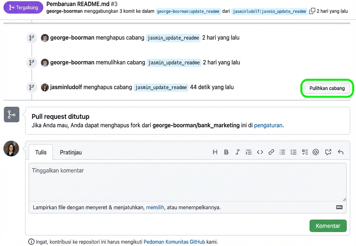 Tampilan tombol restore di PR tertutup