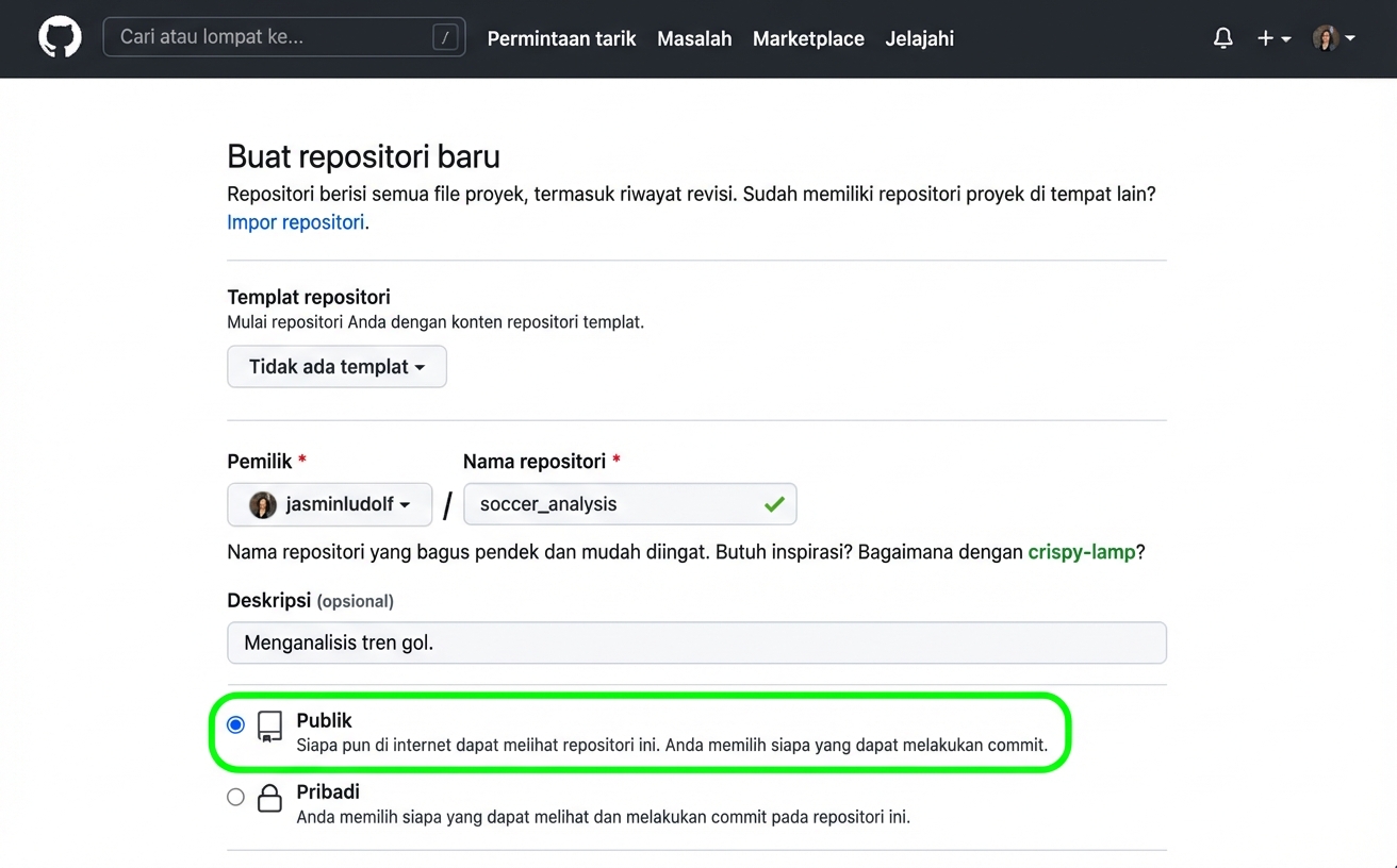 Tampilan halaman membuat repositori baru di GitHub dengan opsi publik disorot