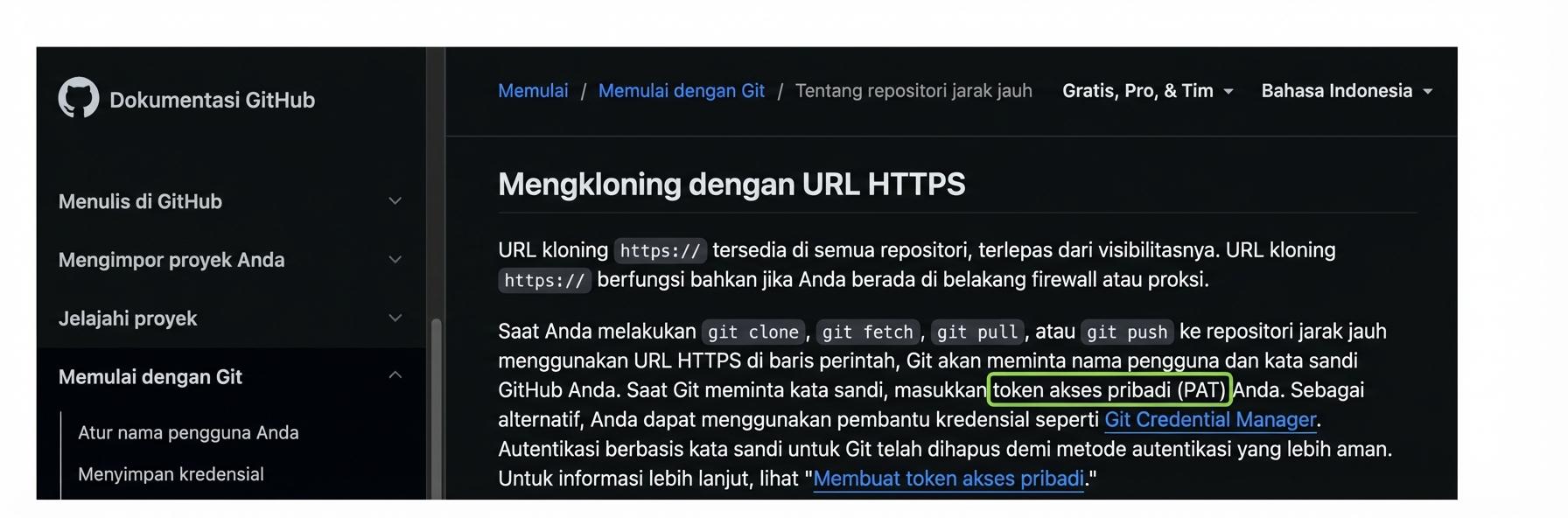Halaman GitHub Docs dengan instruksi untuk memberi personal access token (PAT) saat melakukan git clone, fetch, pull, atau push ke repositori remote.