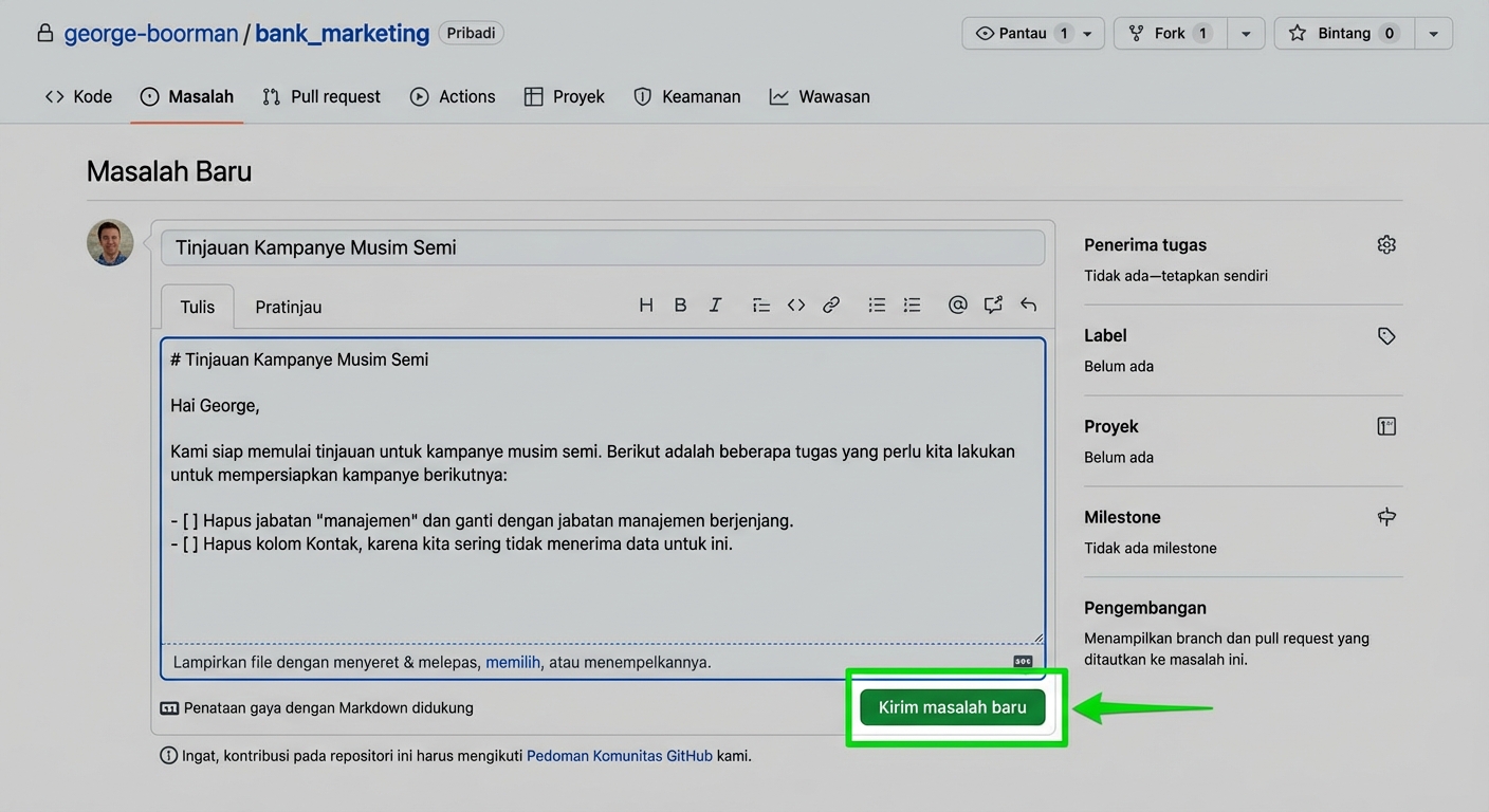 Tampilan saat membuat isu baru dengan judul dan isi terisi serta tombol submit new issue disorot