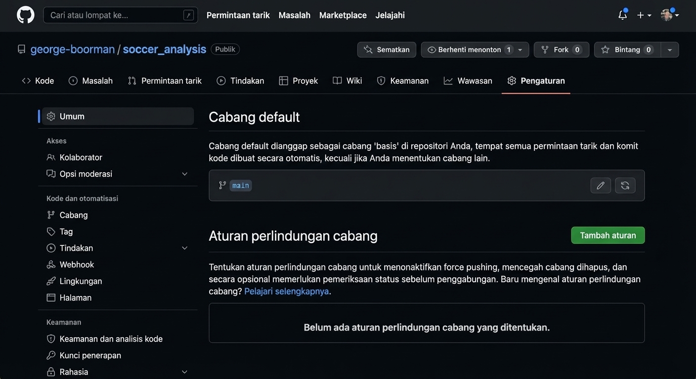 branches di tab settings, menampilkan Default branch: main dan bagian untuk menambah Branch protection rules