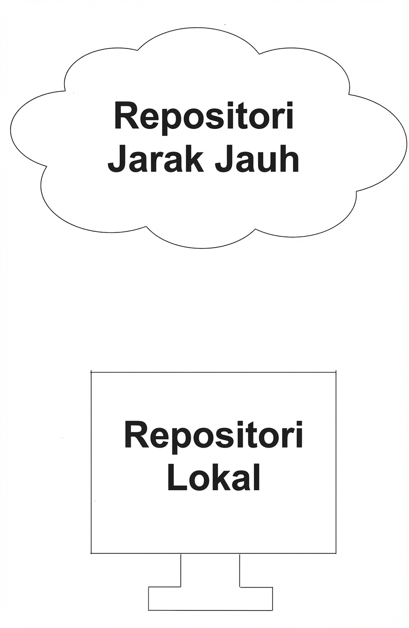 Gambar bertuliskan remote repo dengan bentuk awan dan local repo dalam bentuk komputer