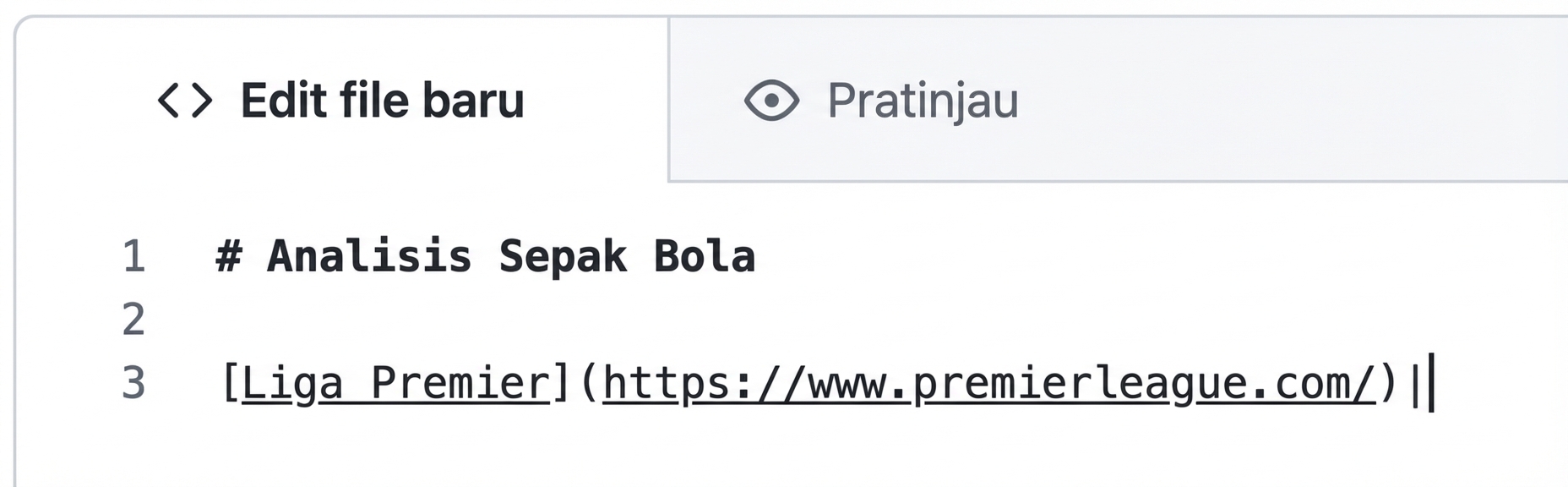 Tampilan halaman edit Markdown dengan sintaks hyperlink