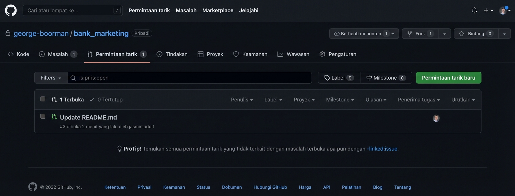 Tampilan pemilik pada tab PR