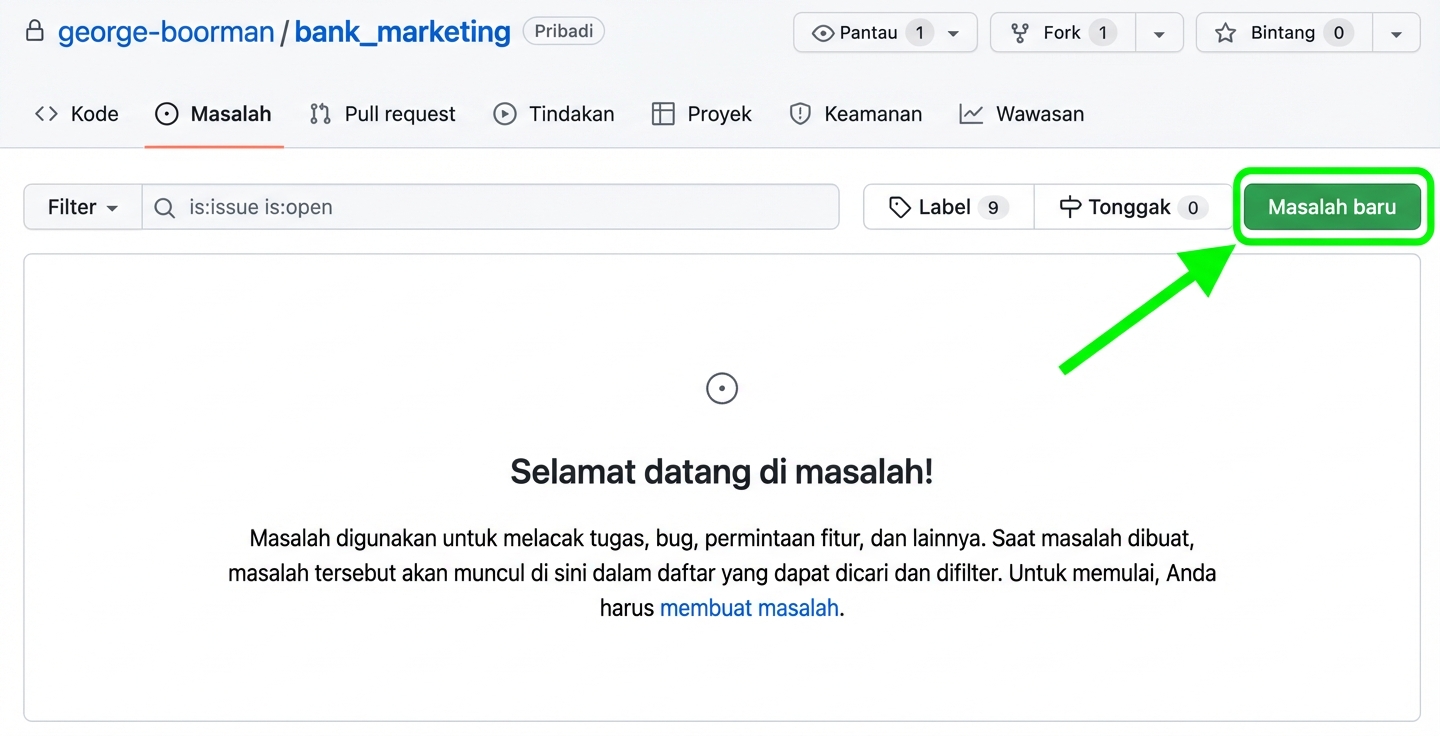 Tampilan halaman issues dengan tombol New issue disorot