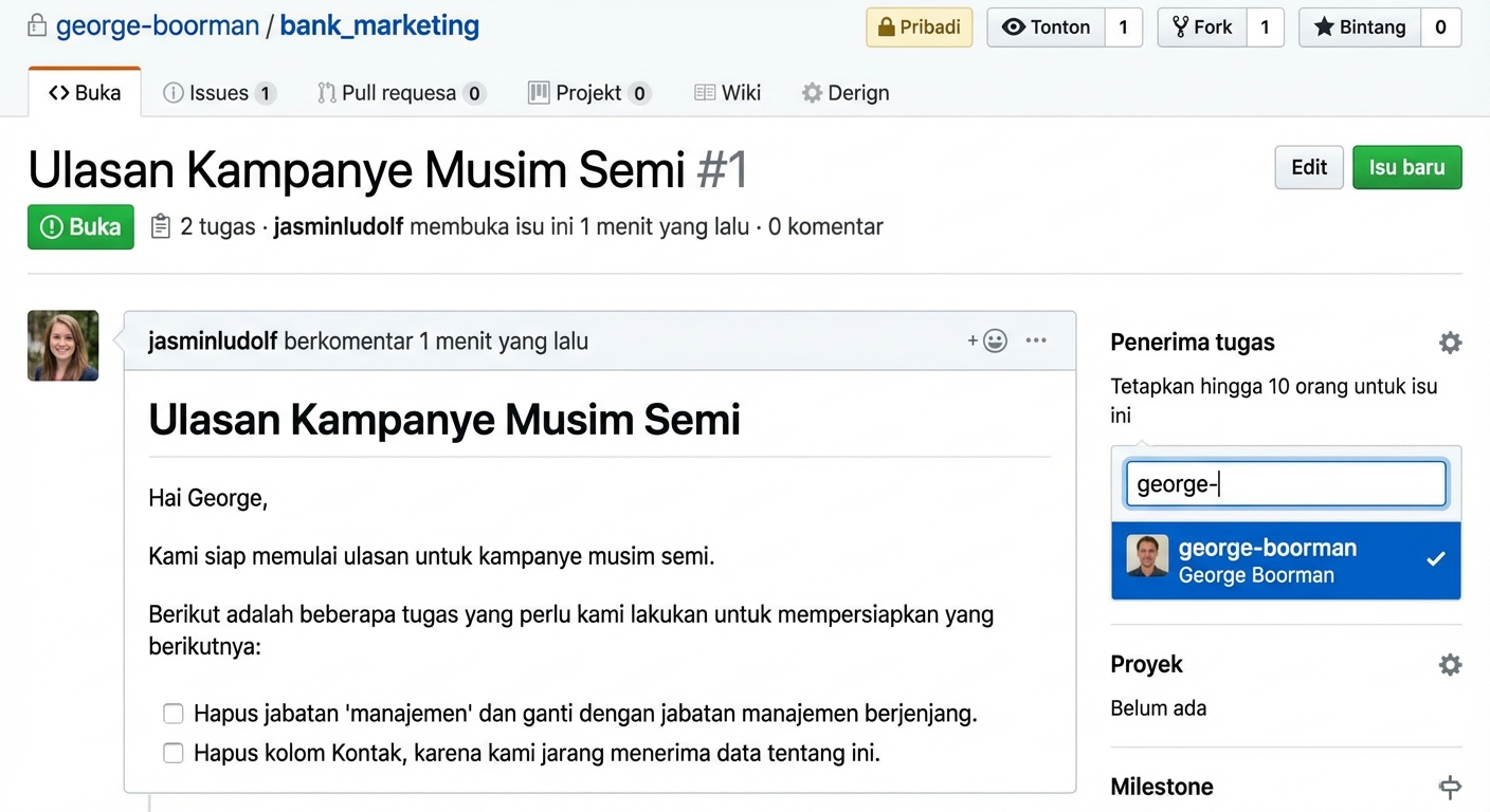 Tampilan isu selesai dengan opsi penugasan terbuka