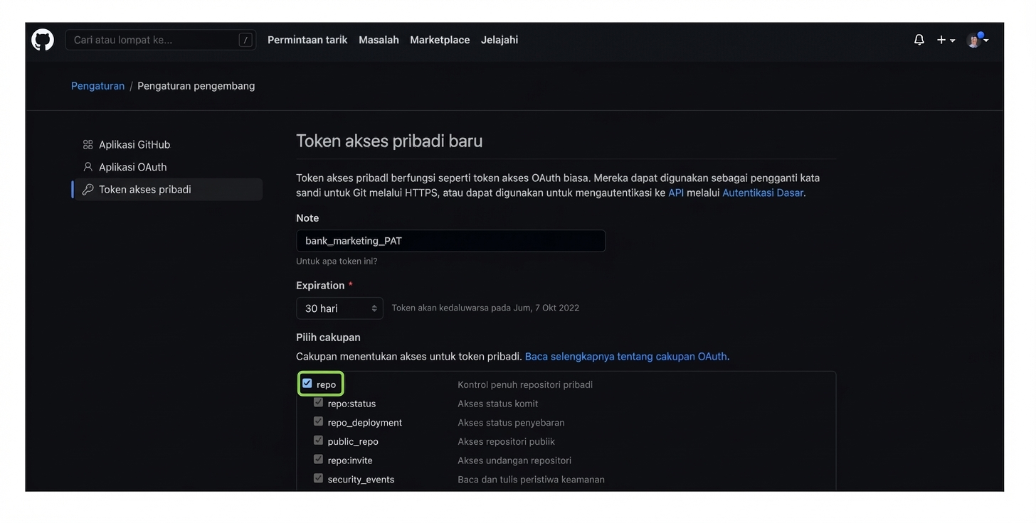 Memilih kotak centang akses repo