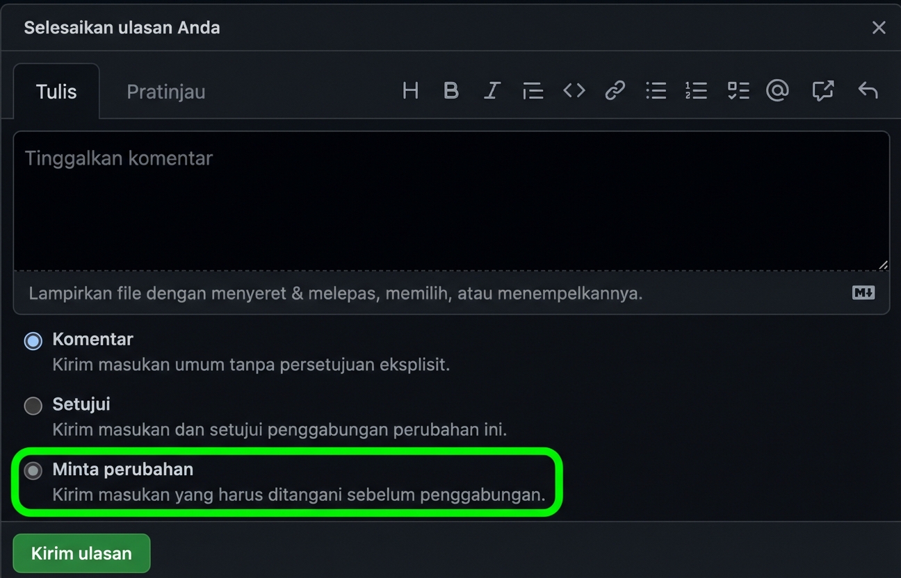 Tampilan dekat opsi merespons PR dengan lingkaran pada opsi request changes.