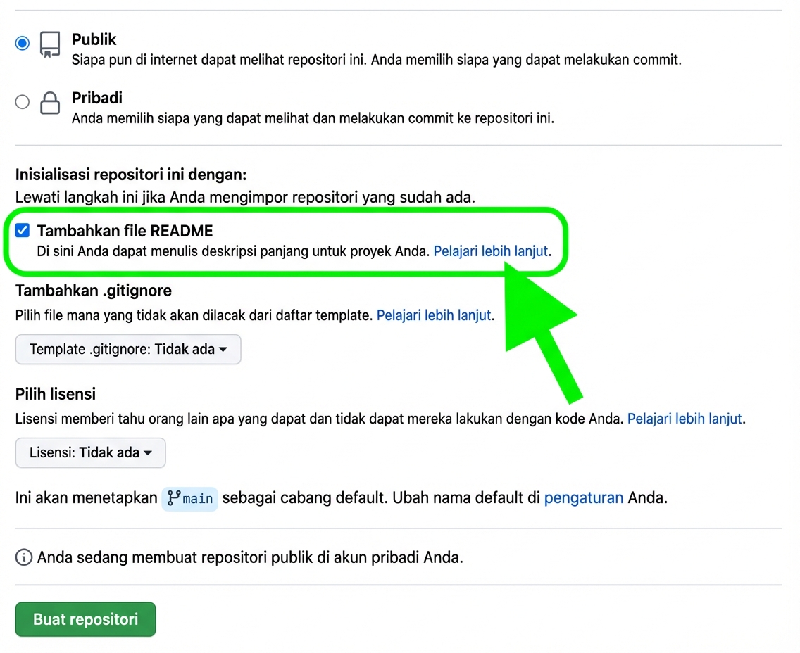 Tampilan halaman membuat repositori baru di GitHub dengan opsi tambah file README dipilih dan disorot