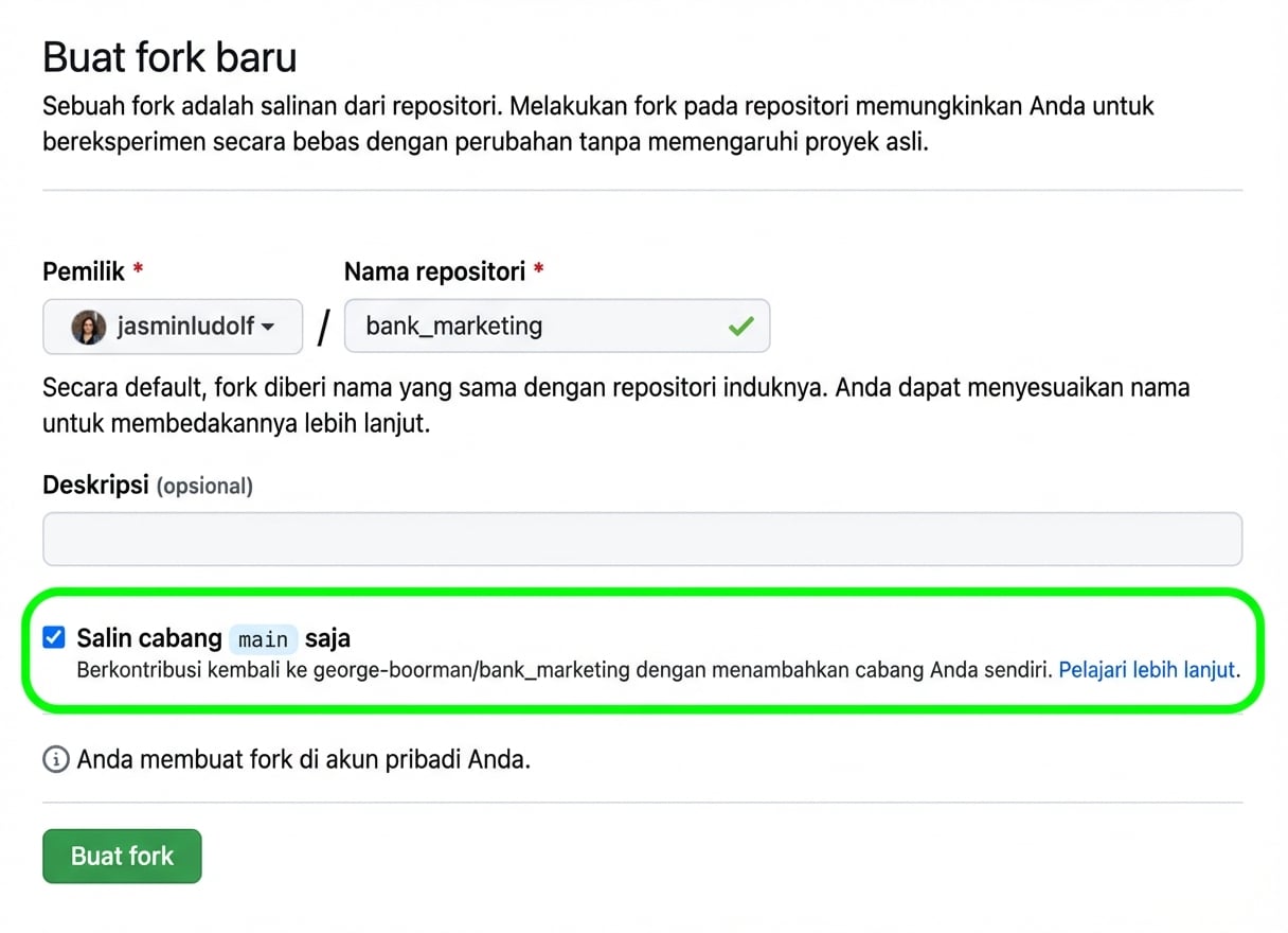 Tampilan halaman create new fork dengan bagian branch disorot