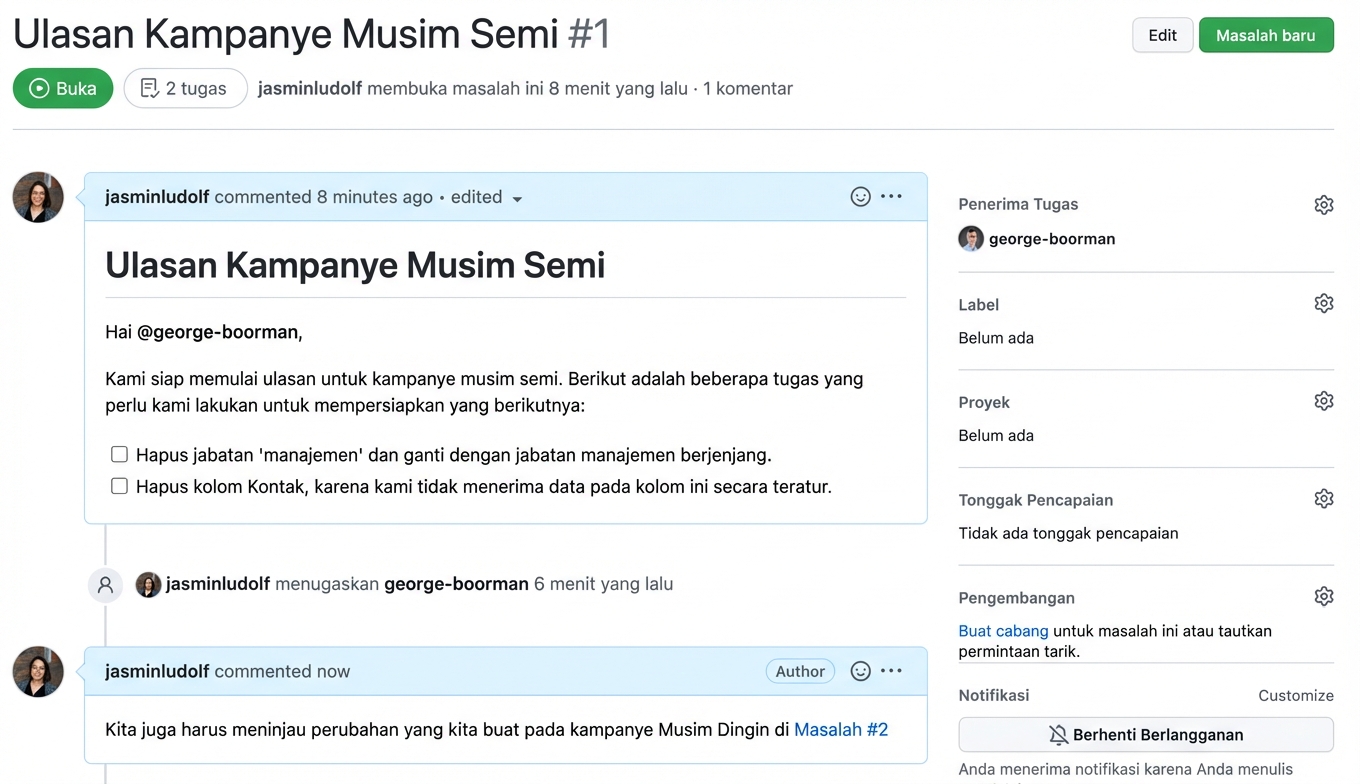 Tampilan setelah isu ditautkan
