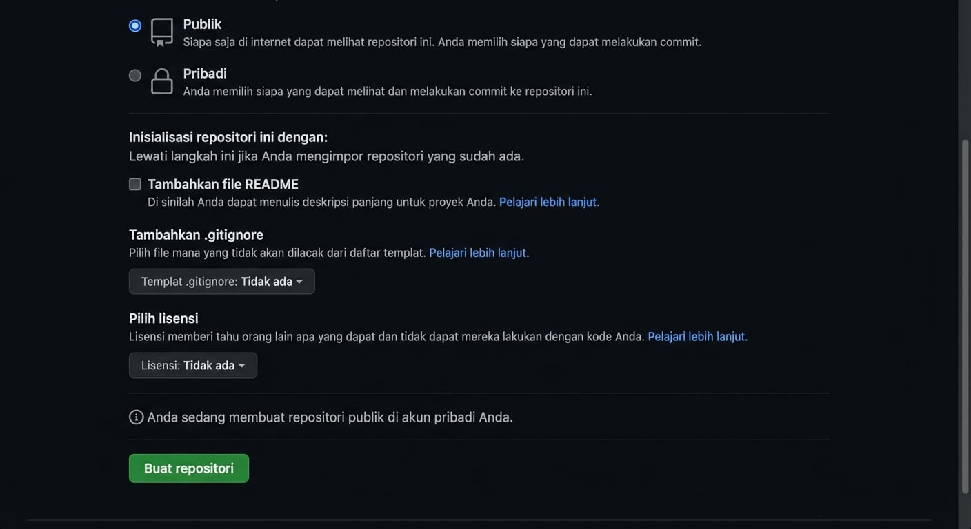 Tampilan halaman membuat repositori baru di GitHub