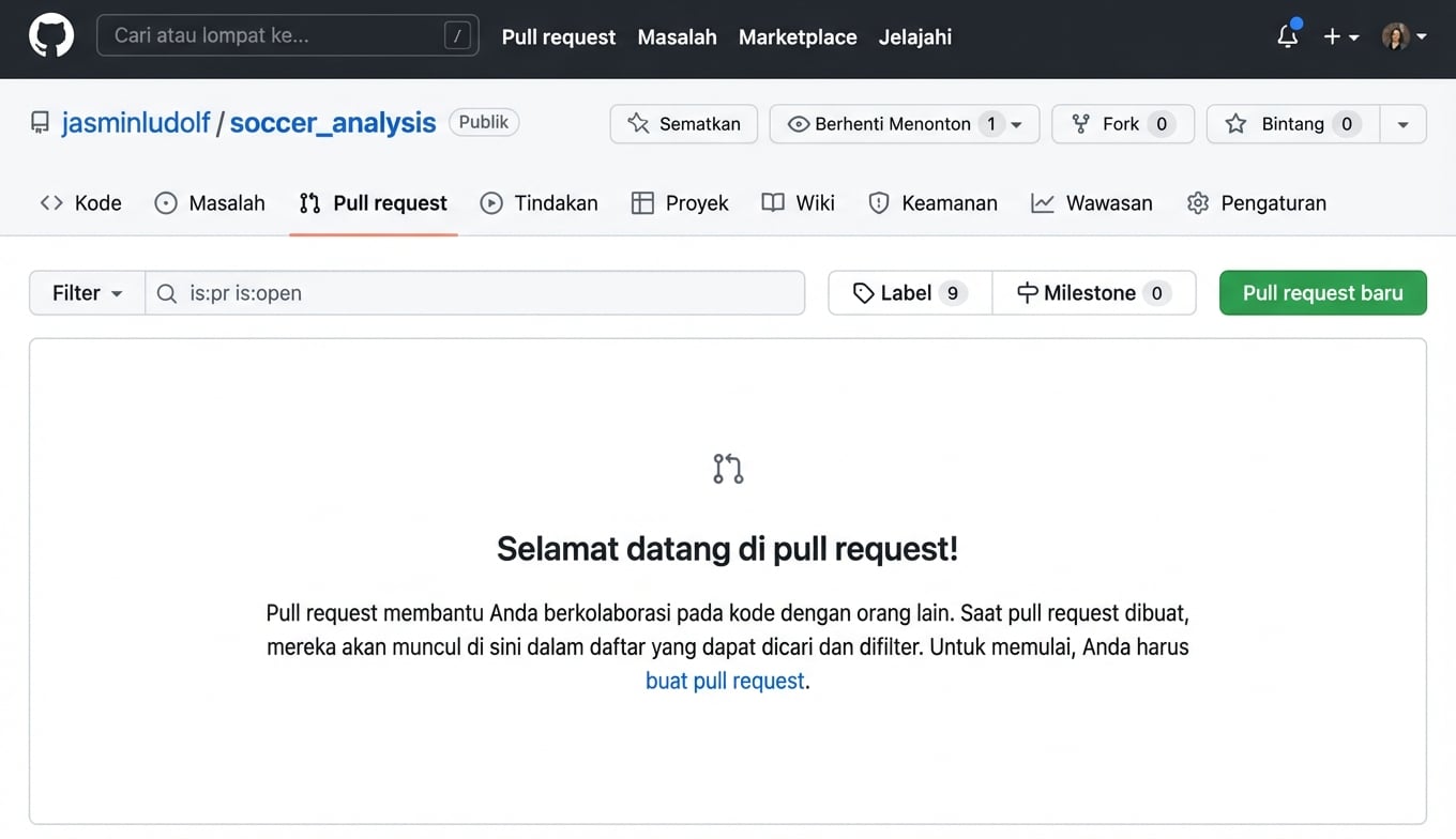 Tampilan repo analisis sepak bola dengan tab Pull Requests disorot