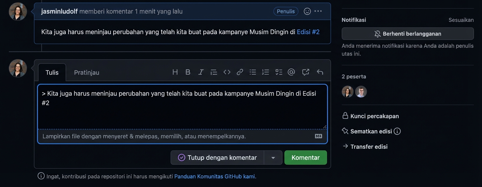 Tampilan komentar yang dikutip