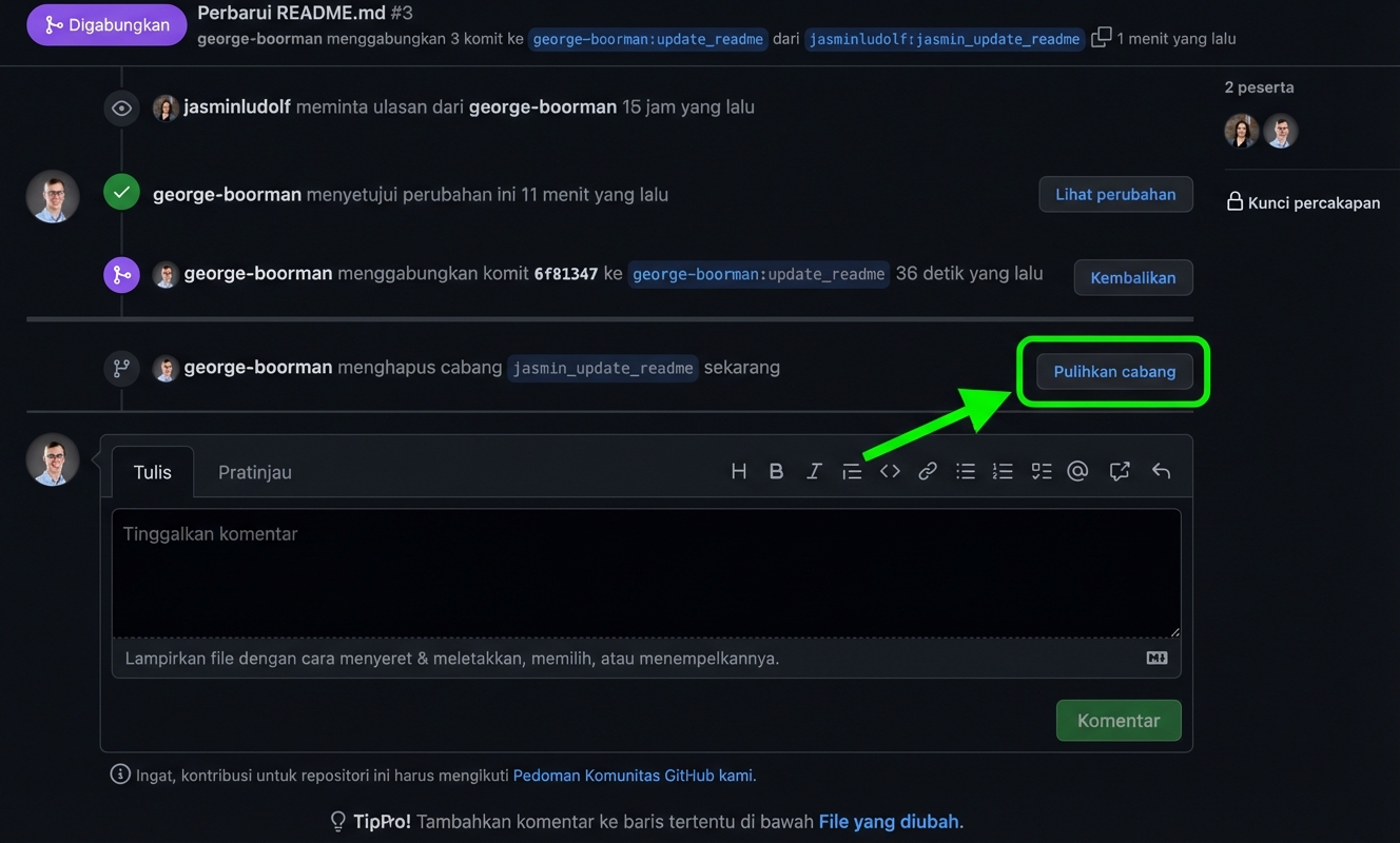 Tampilan pemilik pada PR yang sudah digabung dengan tombol restore branch disorot