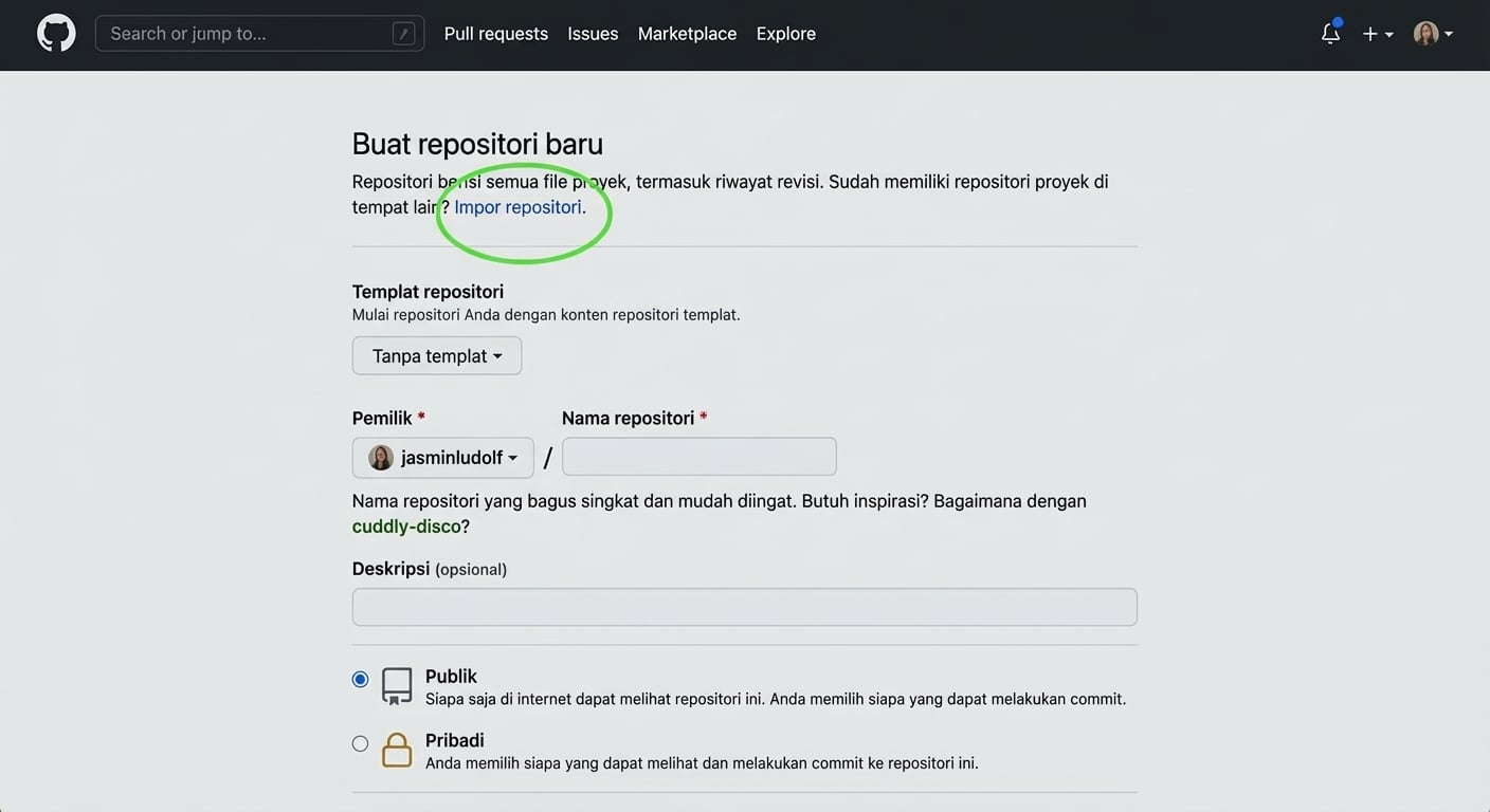 Tampilan halaman membuat repositori baru di GitHub dengan opsi impor disorot