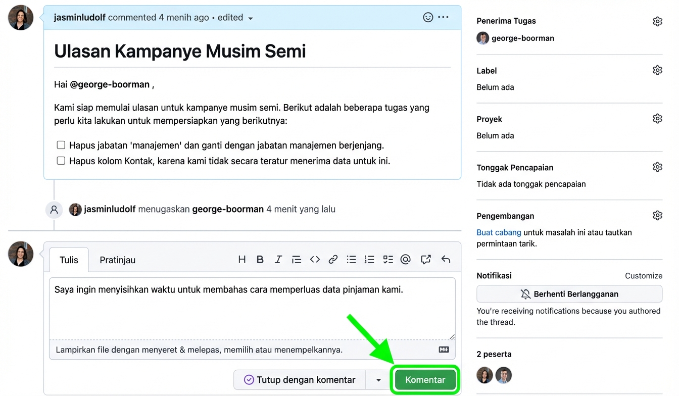 Tampilan menambahkan komentar ke isu yang ada