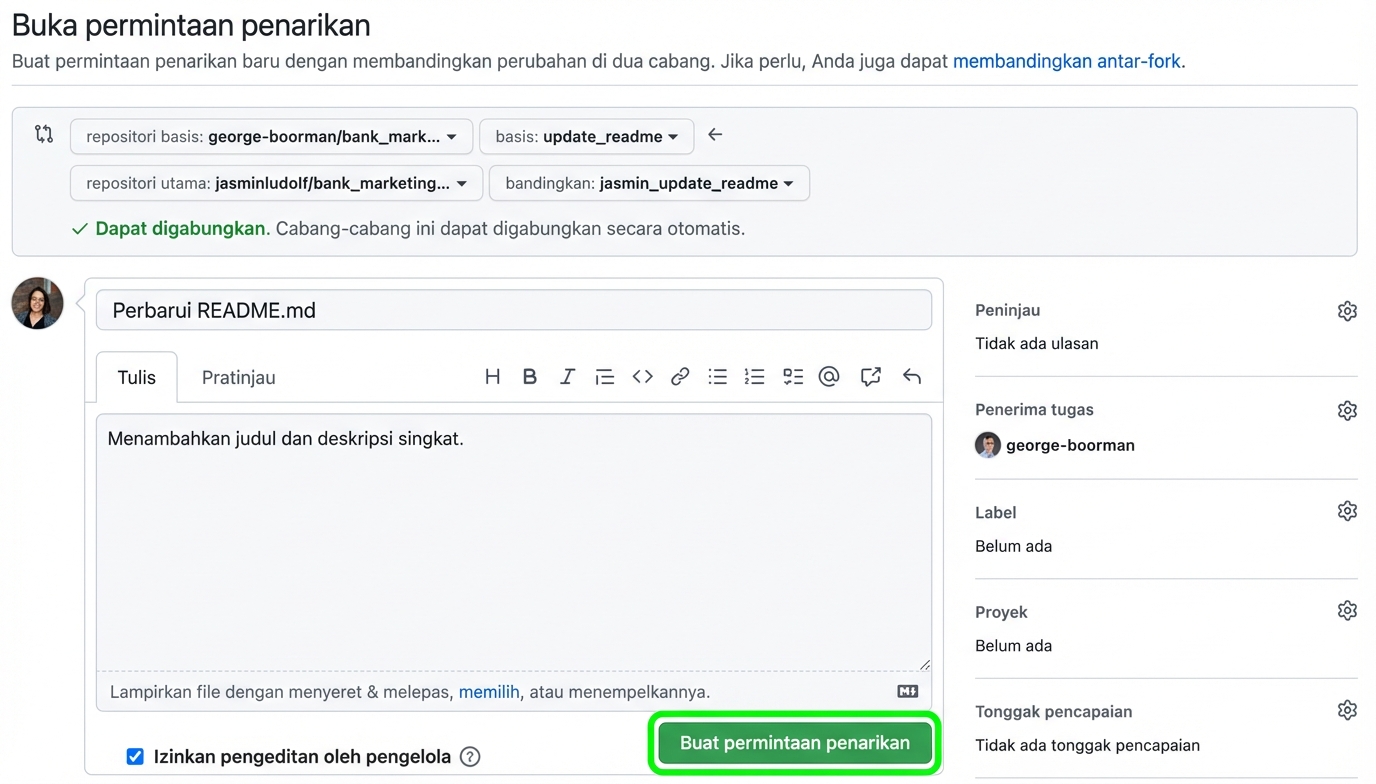 Tampilan untuk membuka pull request dengan tombol create pull request disorot