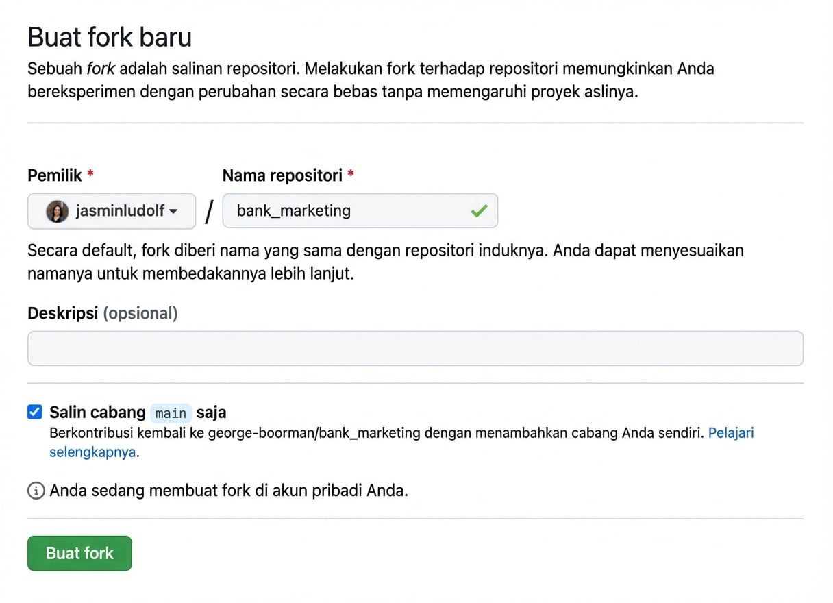 Tampilan halaman create new fork