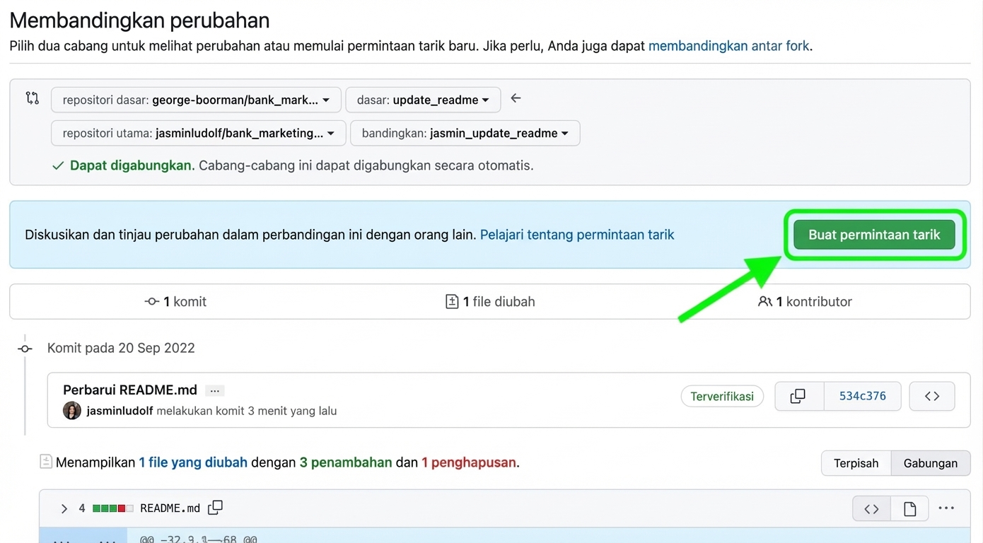 Tampilan perbandingan perubahan dengan tombol create pull request disorot