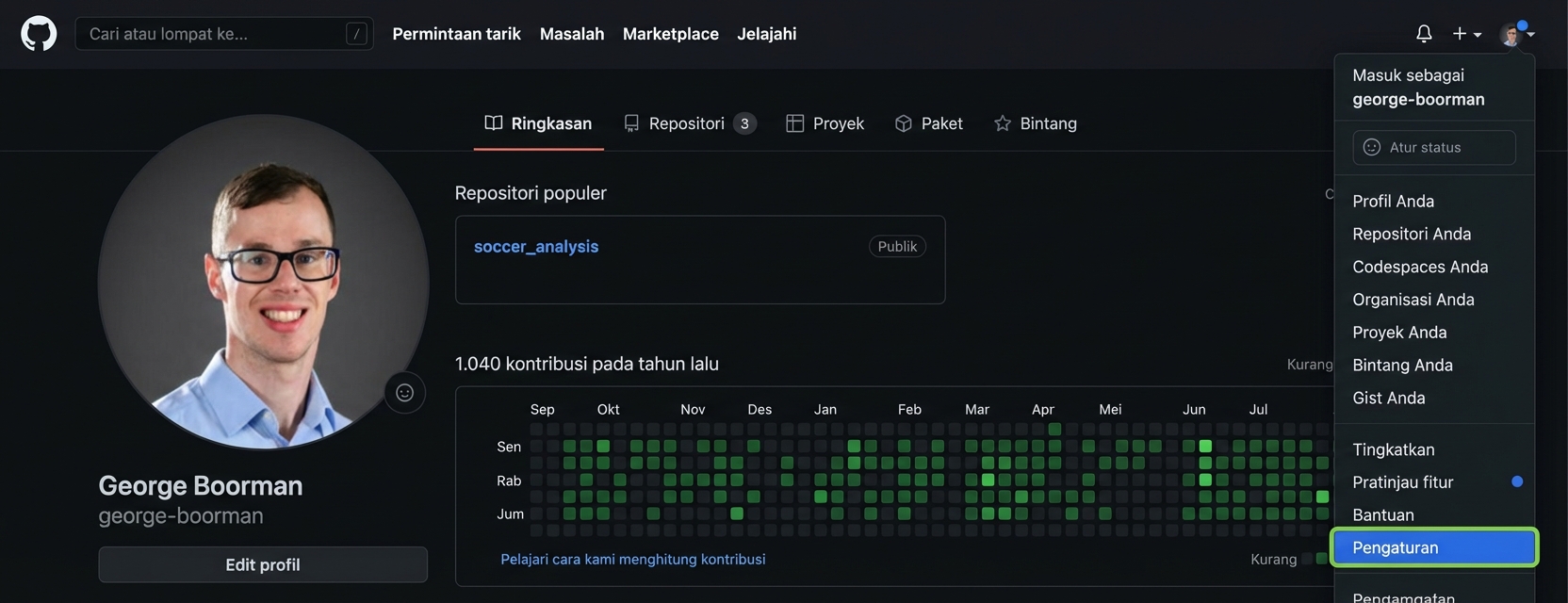 bagian Settings diakses dari halaman profil