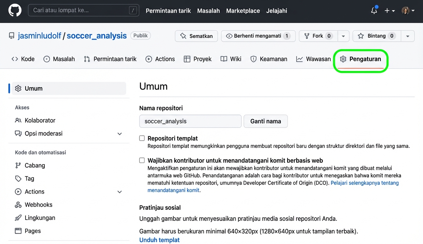 Tampilan repo analisis sepak bola dengan tab Settings disorot