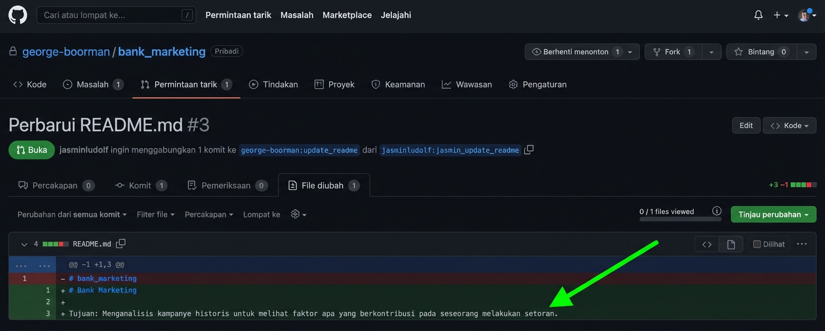 Tampilan pemilik pada tab Files changed di PR menyorot sorotan hijau