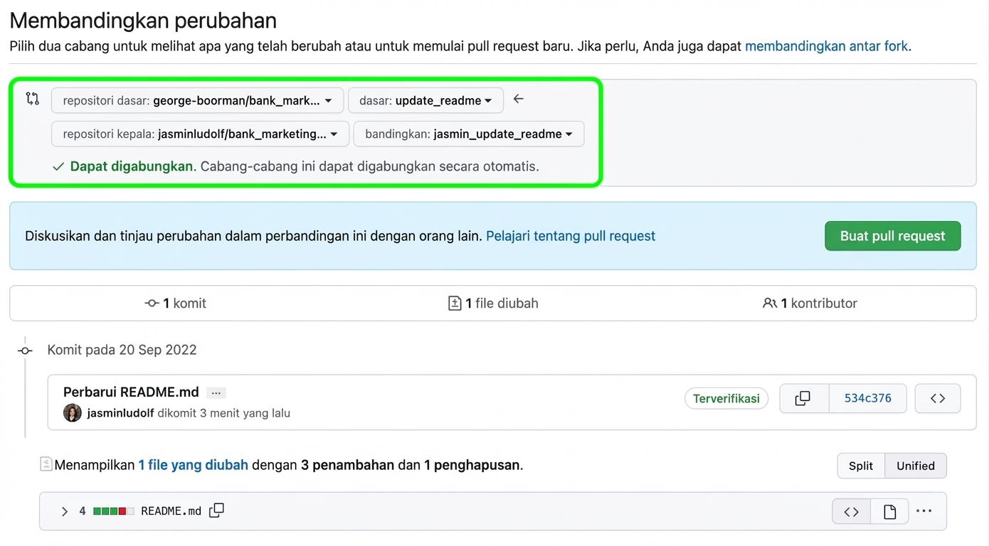 Tampilan perbandingan perubahan menyorot branch dasar dan banding