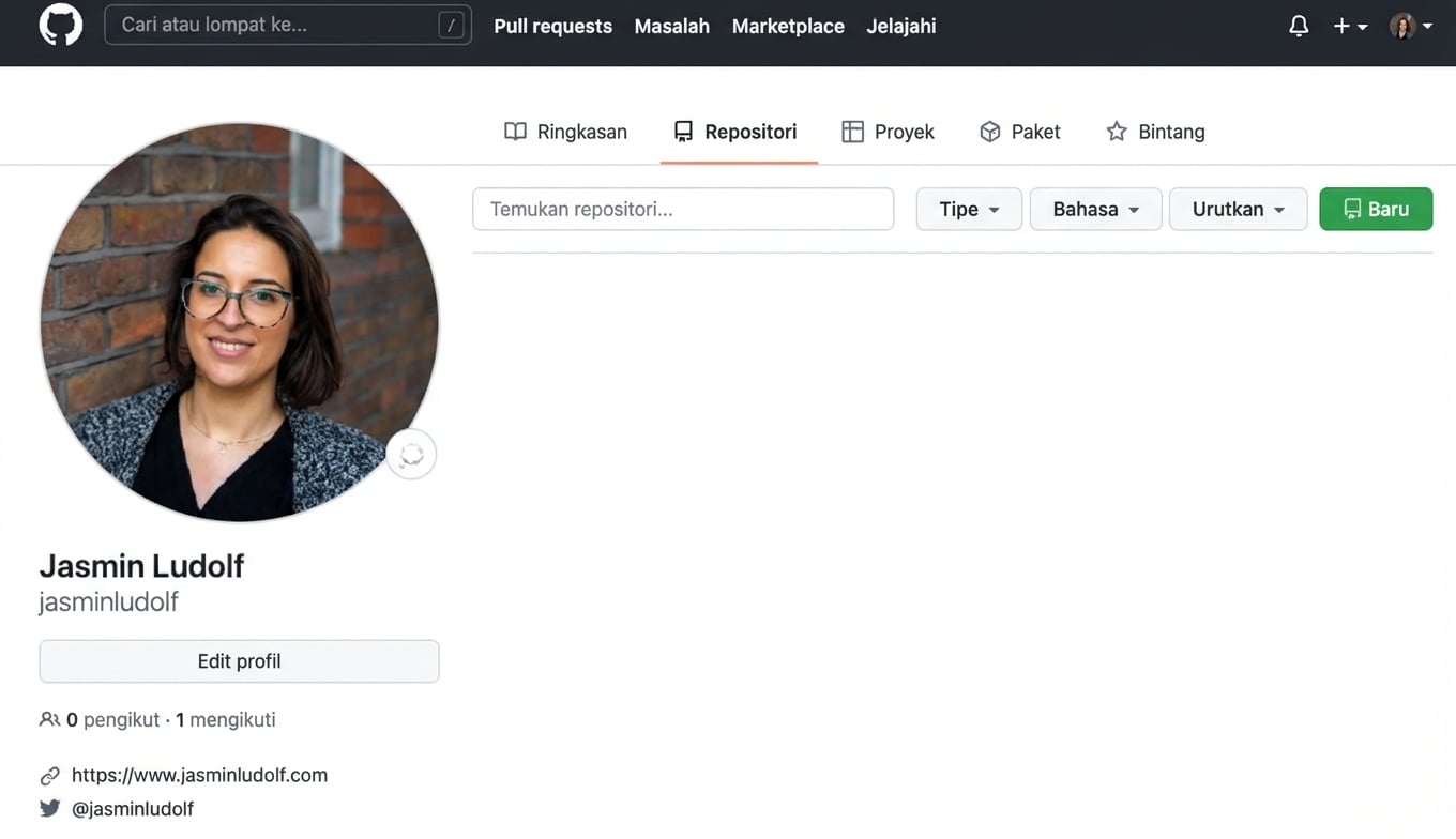 Tampilan profil GitHub pada tab repositories.