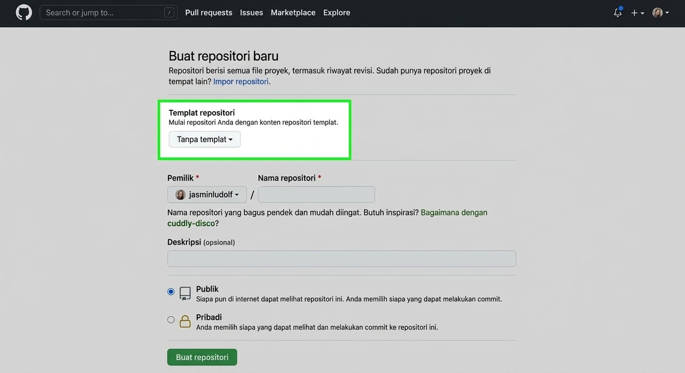 Tampilan halaman membuat repositori baru di GitHub dengan opsi template disorot