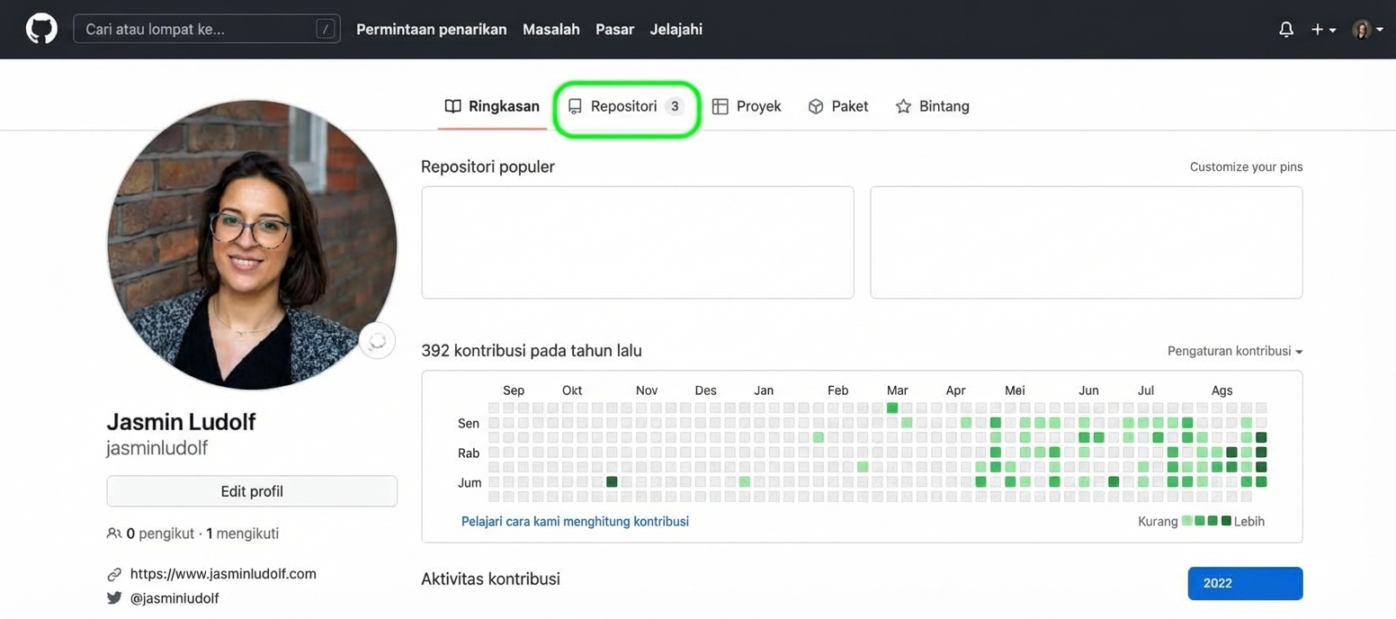 Tangkapan layar profil GitHub dengan lingkaran hijau pada tab repositories