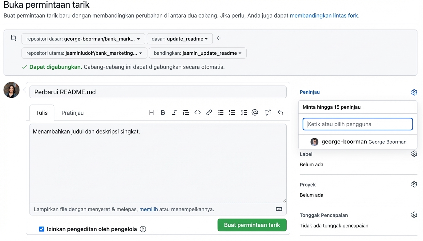 Tampilan pull request dengan bagian reviewer terlihat