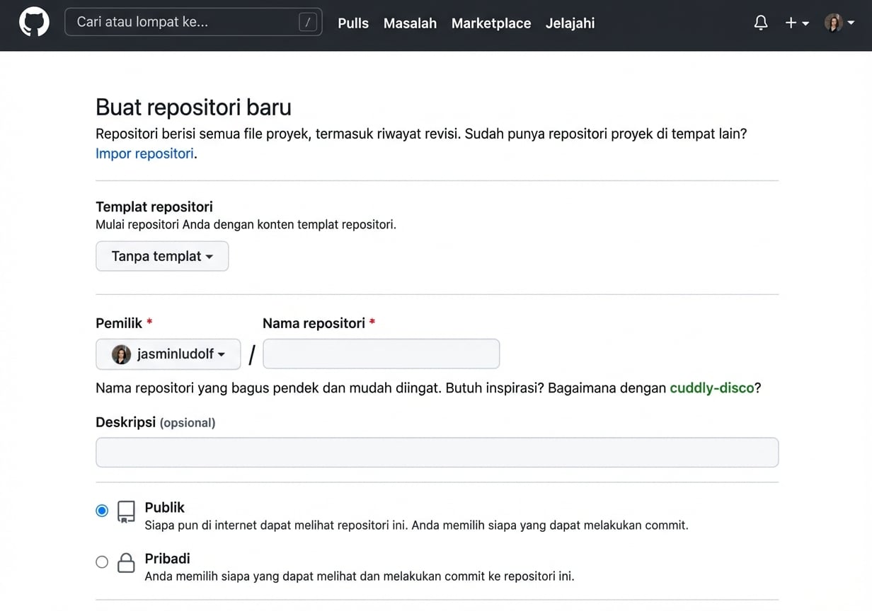 Tampilan halaman membuat repositori baru di GitHub