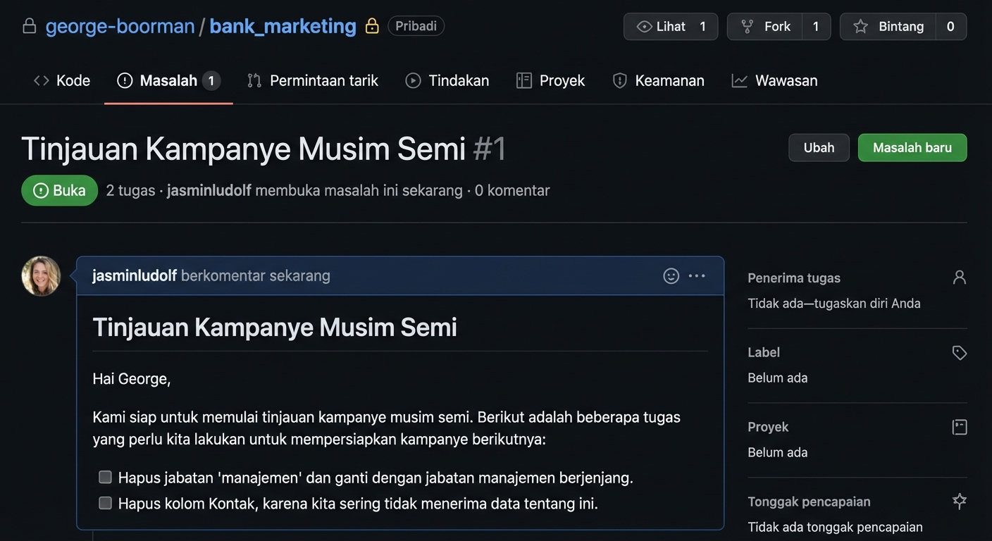 Tampilan isu yang telah dikirim tanpa penugasan