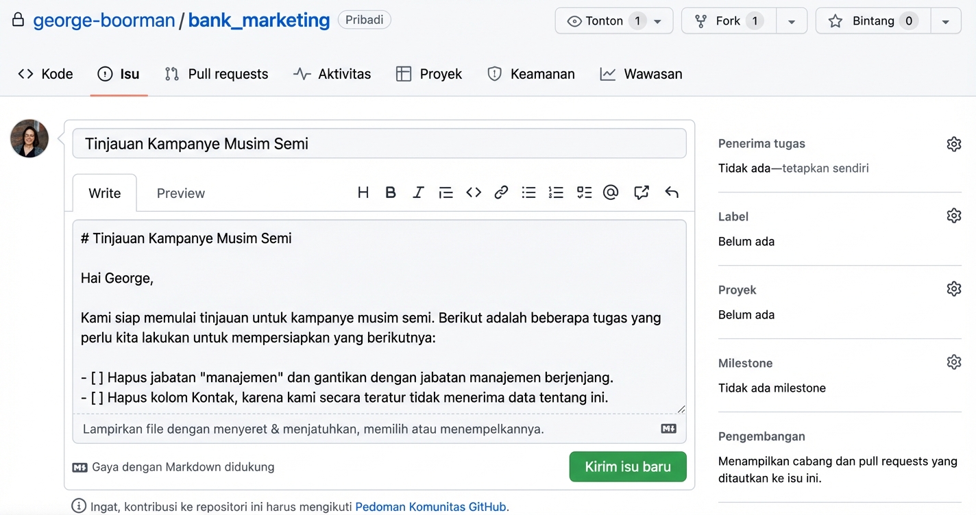Tampilan saat membuat isu baru dengan judul dan isi terisi