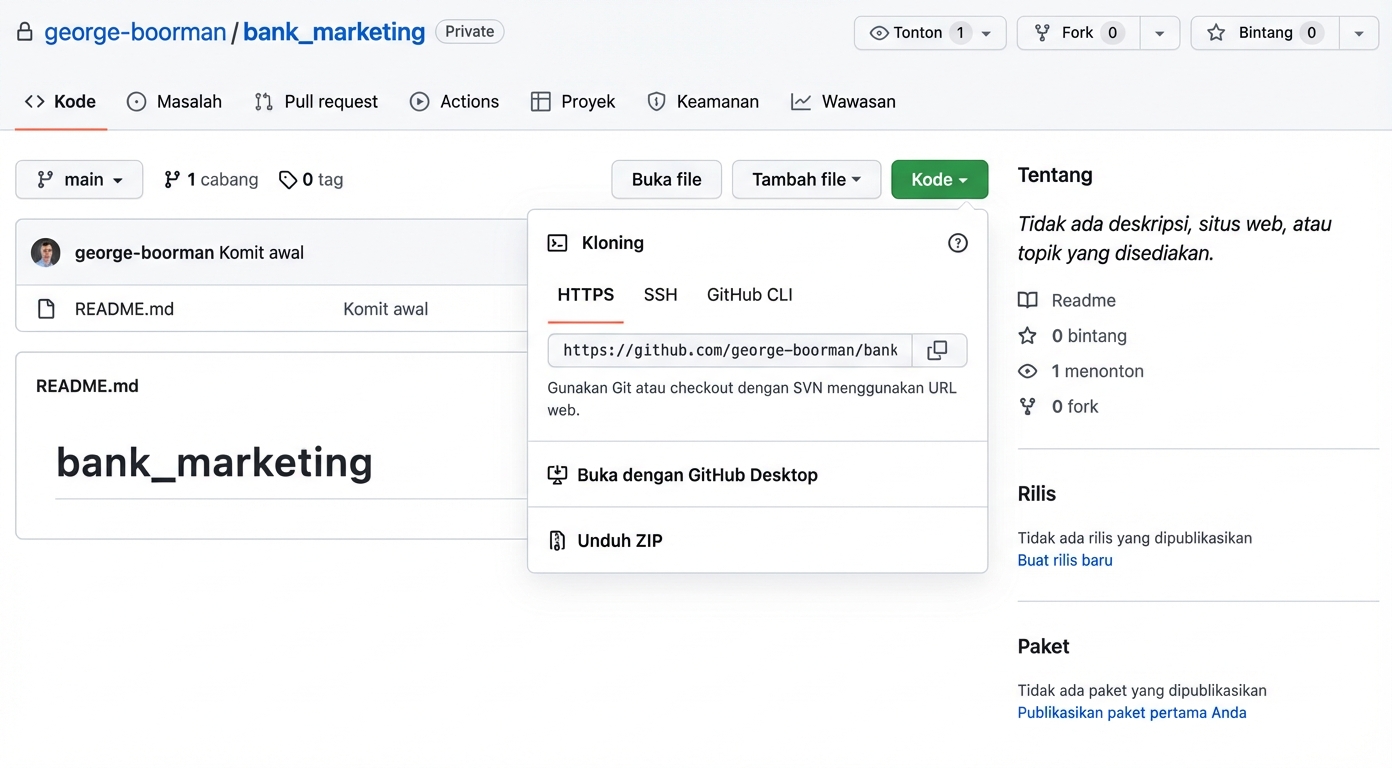 Tampilan menu dropdown setelah mengeklik tombol Code pada repo GitHub.