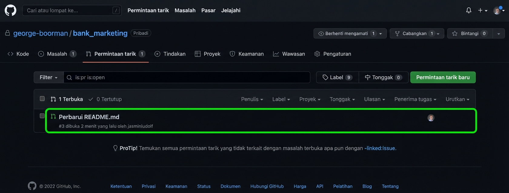 Tampilan pemilik pada tab PR menyorot PR yang diklik