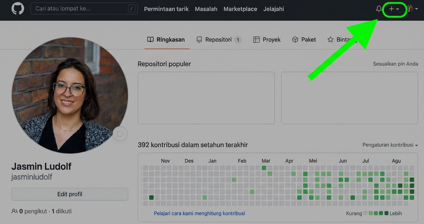 Tampilan profil GitHub dengan panah hijau mengarah ke kanan atas ke tanda plus yang dilingkari hijau.