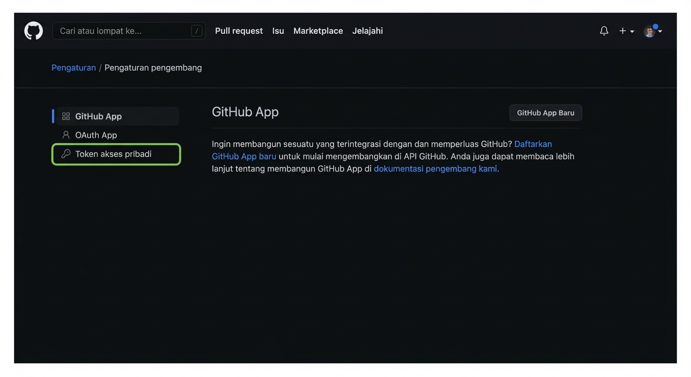 Halaman Developer settings dengan tiga opsi: GitHub Apps, OAuth Apps, dan Personal access tokens