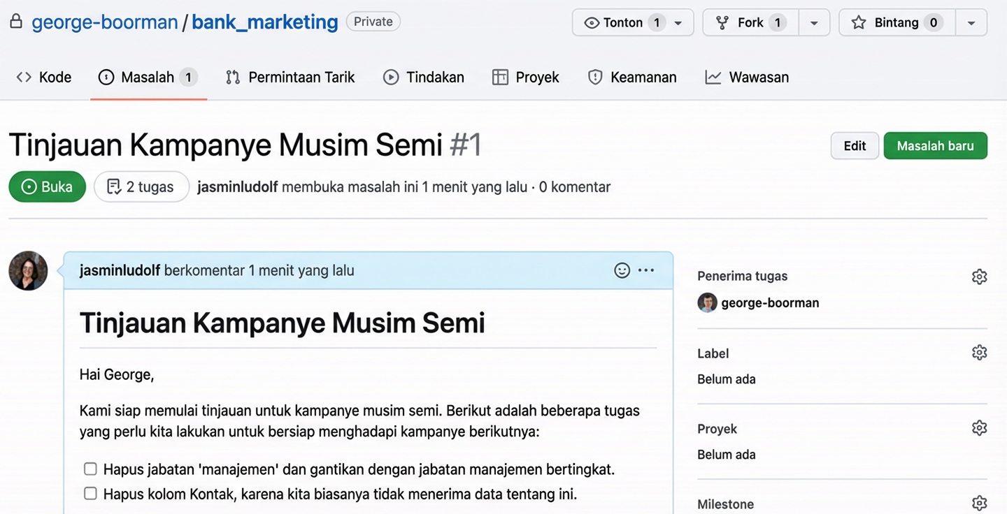 Gambar animasi yang menunjukkan proses menandai pengguna di isu dengan simbol at dan nama pengguna.