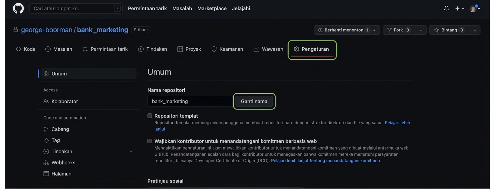 Tab Settings dengan Collaborators di bagian Access
