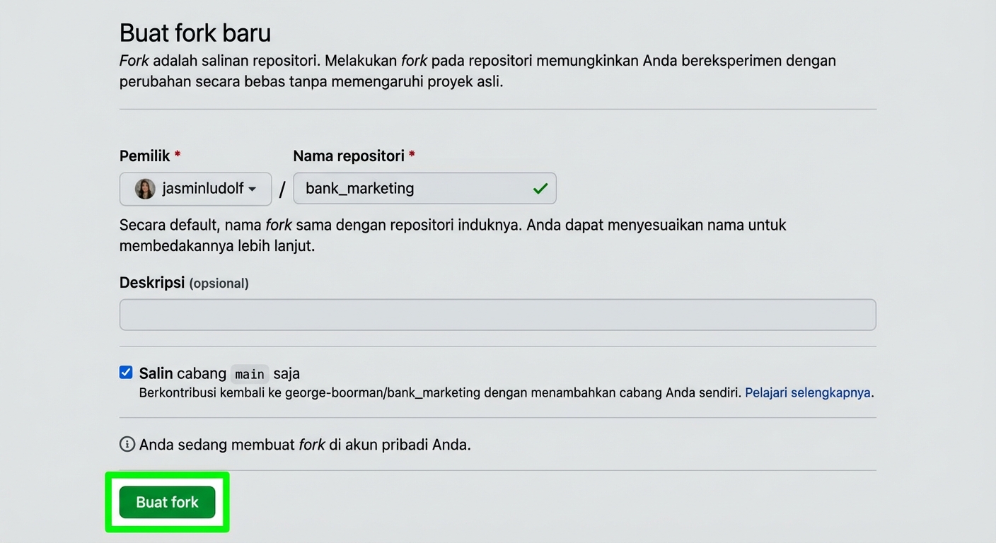 Tampilan halaman create new fork dengan tombol Create fork disorot