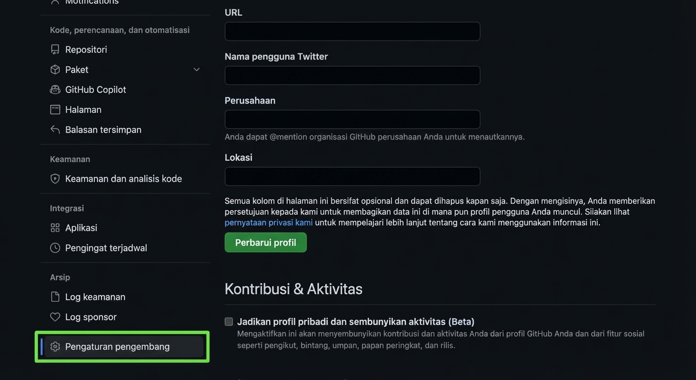 Developer settings di halaman Settings